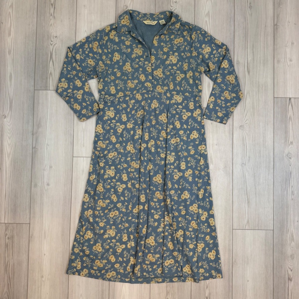 Eddie Bauer Vintage Floral Maxi Dress Blue Yellow Cotton Long Sleeve Petite L
